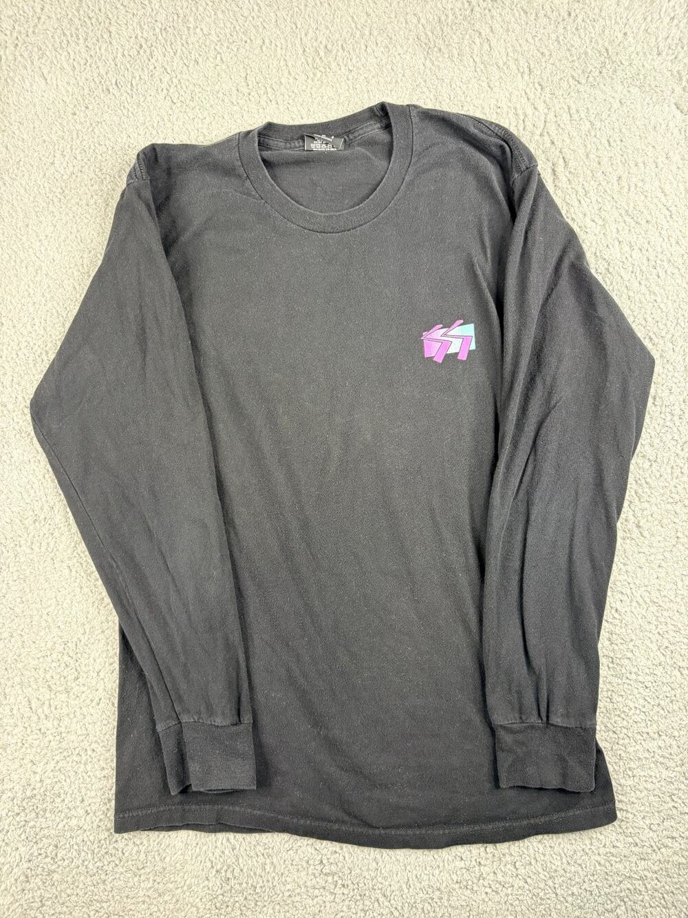 Stussy World Tour Shirt Men's Medium Black Graphic Printed Long Sleeve Crew Neck